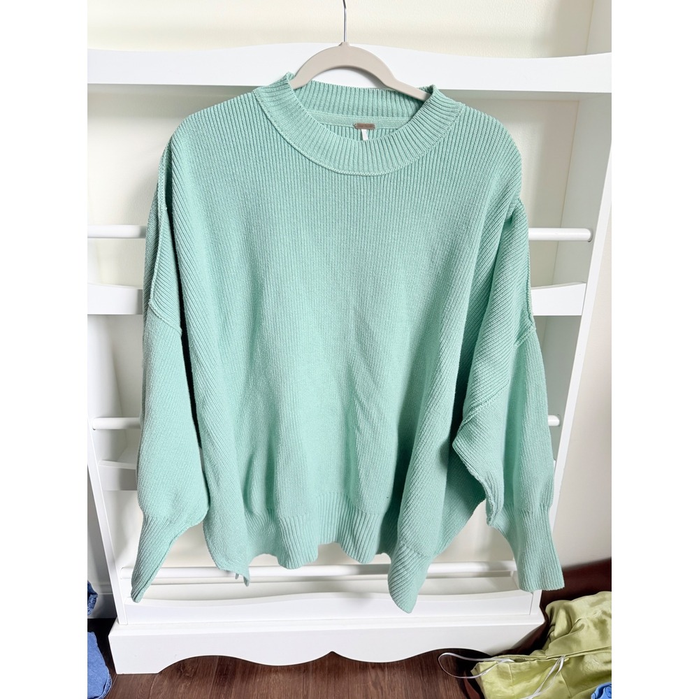Free People Ottoman Slouchy Tunic Sweater Mint Green Ribbed Knit XL OB991232